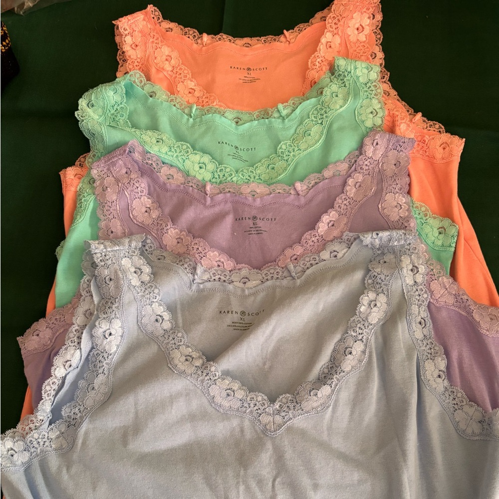 Karen Scott Lace Trim XL Tank Tops in pastel colors - set of four